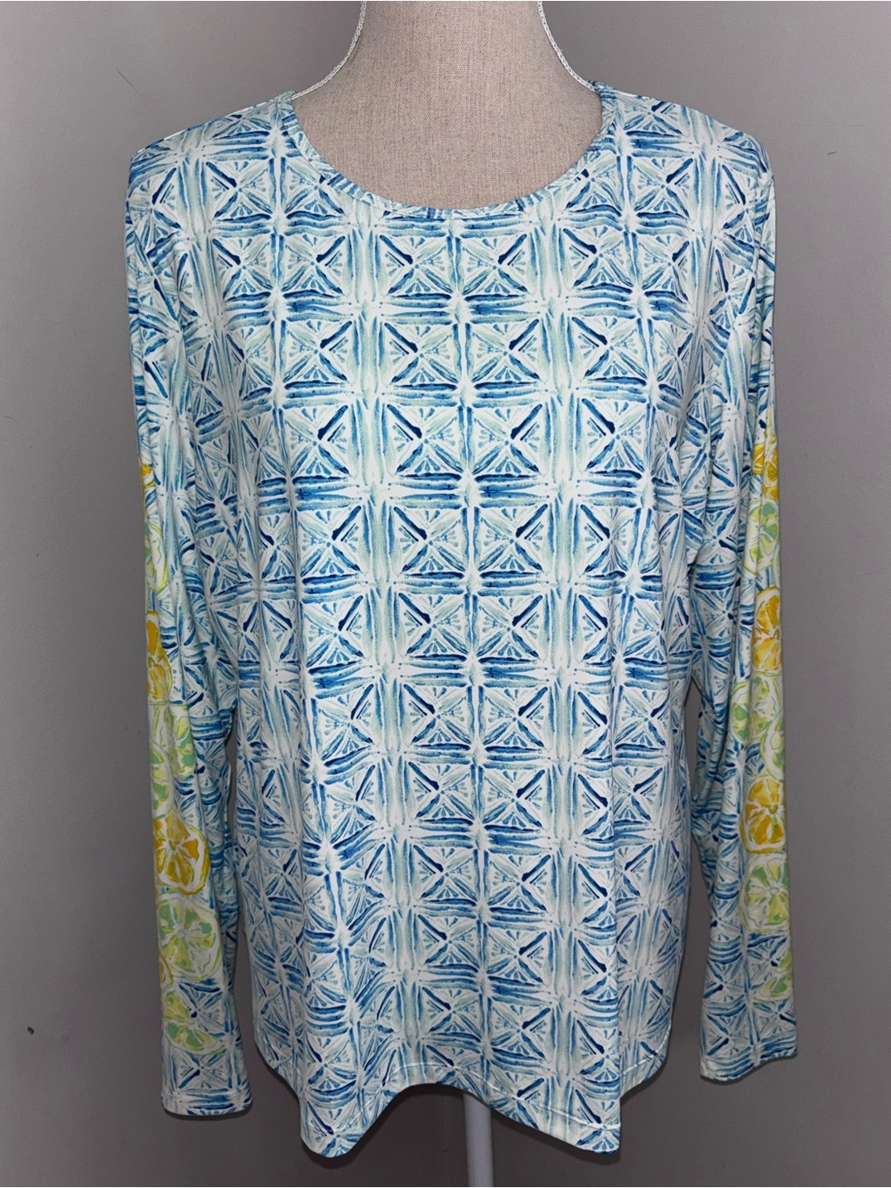 Lands End blue & white w/ lemons long sleeve rash guard swim shirt size XL 18